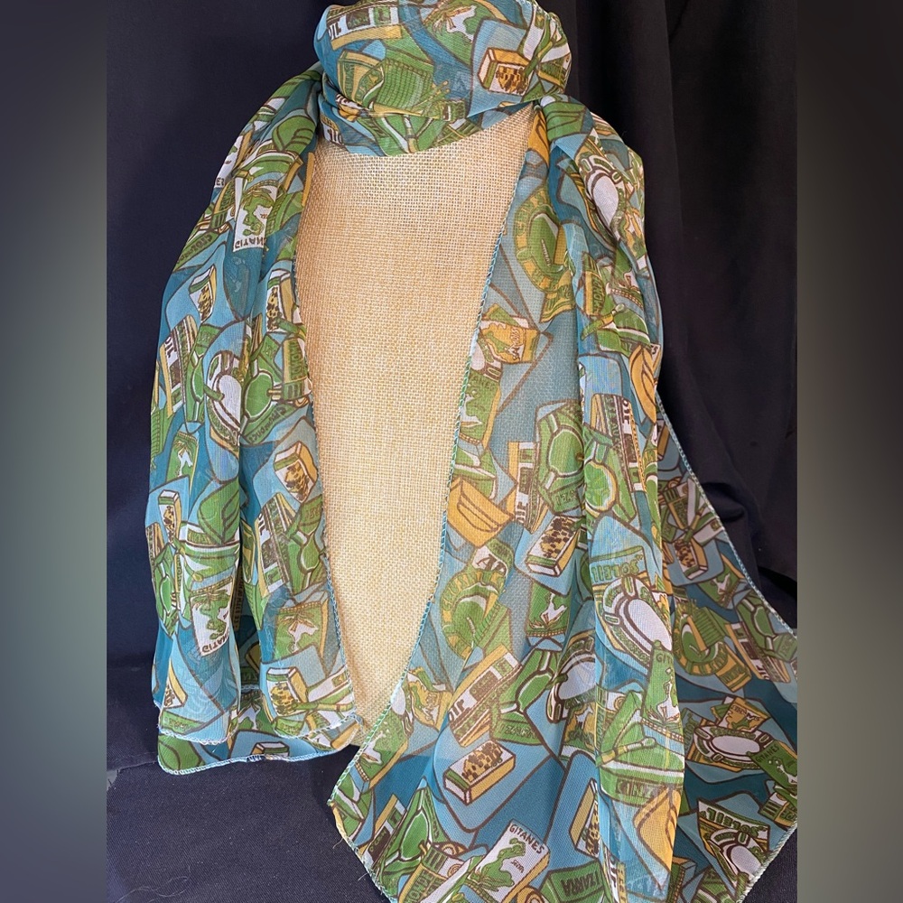 Long Lightweight Sheer Scarf with French Inspired Modern Art Motif. 55” X 20”.